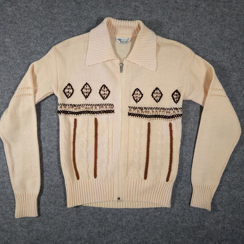 Vtg 70s Kmart Zip Up Sweater Medium Cable Knit Geometric Mod Rockabilly Retro
